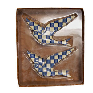 MacKenzie Childs Swallowtail Wall Decor Royal Check Set of Two Blue Birds 5 x 7
